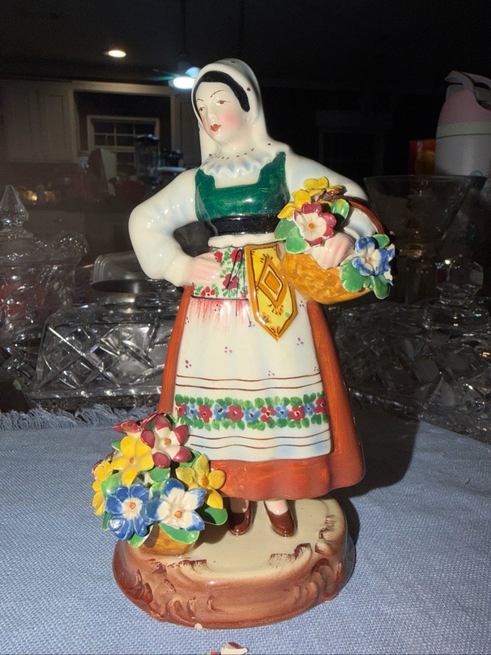 Porcelain Figurine Woman Flower Basket Hand Painted Italian Capodimonte Style